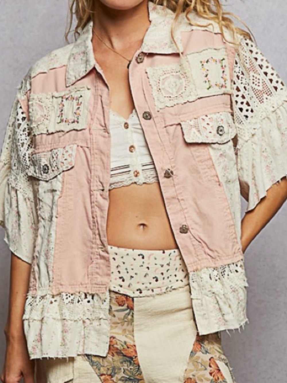 Pink Patchwork Lace Boho Jacket/Top